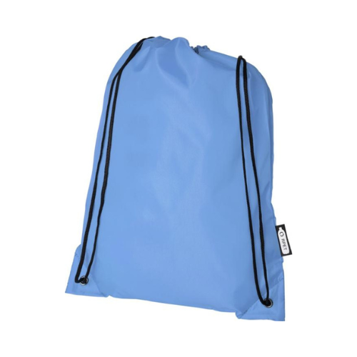 lyseblå rygsæk med snørrelukning og logo
