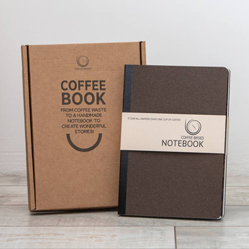 Notesbog med logo af genbrugspapir og kaffegrums emballage