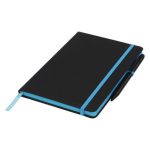 Notesbog-med-tryk-A5-med-farvet-elastik-og-kant-blaa