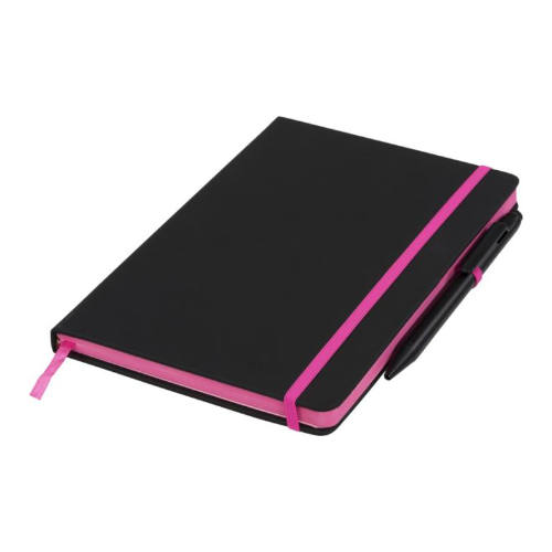 Notesbog-med-tryk-A5-med-farvet-elastik-og-kant-pink