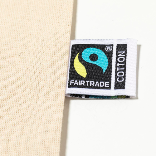 nærbillede af fairtrade totebag med logo på mulepose