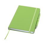 Saet-med-notesbog-og-kuglepen-med-logo-i-genanvendte-materialer-groen