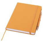 Saet-med-notesbog-og-kuglepen-med-logo-i-genanvendte-materialer-orange