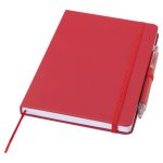 Saet-med-notesbog-og-kuglepen-med-logo-i-genanvendte-materialer-roed